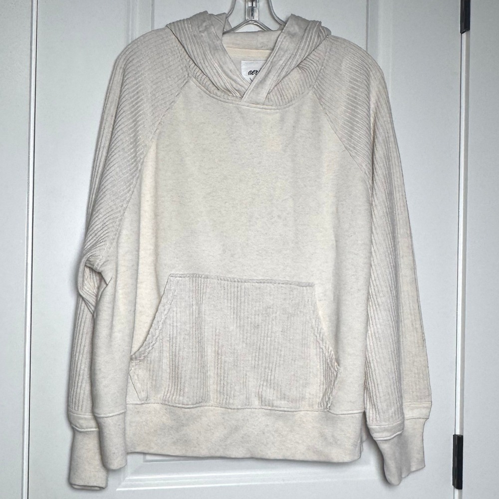 Aerie Real Good Ribbed Raglan Pullover Hoodie Cream L 0743-3869 NEW